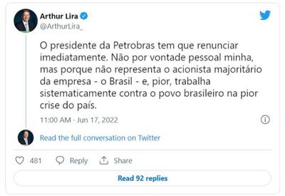 Lira: "Presidente da Petrobras tem de renunciar imediatamente"