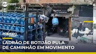 Flagra: Homem rouba botijão de carreta em movimento e foge mancando | Primeiro Impacto (08/05/25)
