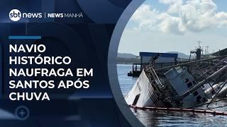 Navio usado em missão à Antártida naufraga no Porto de Santos após chuva | #NewsManhã