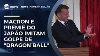Premiê do Japão e Macron recriam gesto de "Dragon Ball" em encontro oficial | #NewsPrimeiraEdição