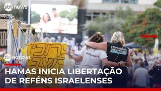 Hamas liberta reféns israelenses em troca de prisioneiros palestinos | #SBTNoticias