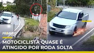 Por pouco: Roda de caminhonete se solta e quase atinge motociclista | #PrimeiroImpacto