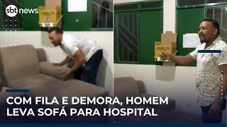 Com pai internado após AVC, homem leva sofá para unidade de saúde | #SBTNews (10/05/25)