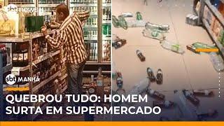 Homem em surto destrói adega de supermercado no interior de SP | #SBTManhã