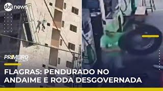 Trabalhador fica pendurado e pneu desgovernado quase atinge frentista | Primeiro Impacto (28/04/25)