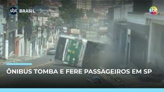 Ônibus bate em casa e tomba na zona leste (SP) após motorista perder controle do veículo