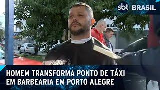 Barbeiro transforma ponto de táxi em local de trabalho após enchente - SBT Brasil (18/05/24)