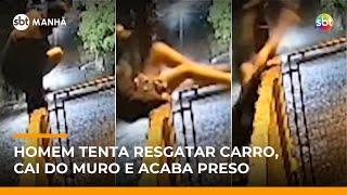 Flagra: Homem cai ao pular muro de pátio da polícia para recuperar carro apreendido | #SBTManhã