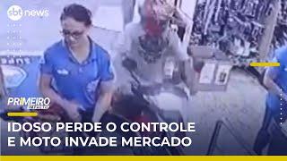 Idoso invade mercado com moto após ligar veículo com marcha engatada | Primeiro Impacto (20/05/25)