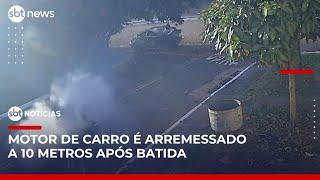 Carro em alta velocidade bate em árvore e tem motor arrancado em Campo Grande | #SBTNotícias