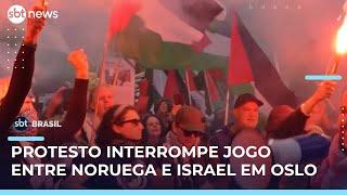Protesto pró-Palestina interrompe jogo entre Noruega e Israel em Oslo | #SBTBrasil 