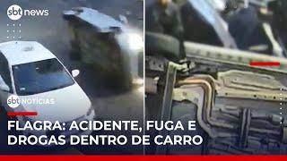Carro capota, ocupantes fogem e polícia encontra drogas no veículo | #SBTNotícias