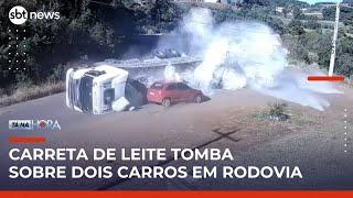 Carreta de leite tomba em curva e deixa feridos no RS; câmera registra acidente | #TanaHora