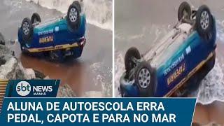 Aluna de autoescola capota carro durante aula e para no mar | #SBTNews Manhã (20/12/24)