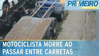 Motociclista morre esmagada ao passar por vão entre caminhões | Primeiro Impacto (20/03/25)