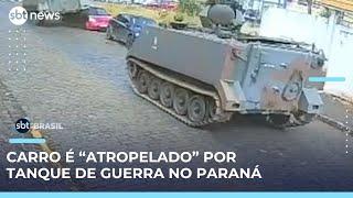 Tanque do Exército passa por cima de carro estacionado em rua de Ponta Grossa (PR) | #SBTBrasil 