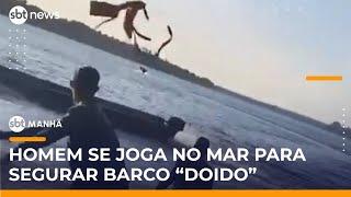 Barco descontrolado é parado por homem na água em praia do Tocantins | #SBTManhã