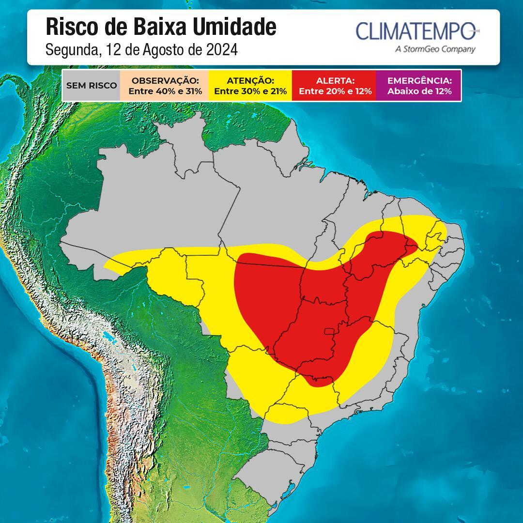 Risco de baixa umidade para esta segunda-feira (12) | Reprodução/Climatempo