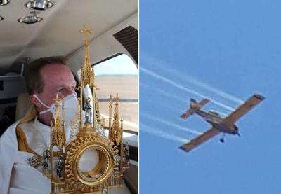 Contra Covid-19, padre usa avião para espalhar água benta no interior de SP