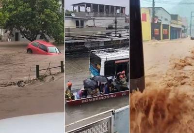 Chuva no RJ: passageiros são resgatados com bote no Rio e enxurrada deixa Petrópolis em alerta extremo
