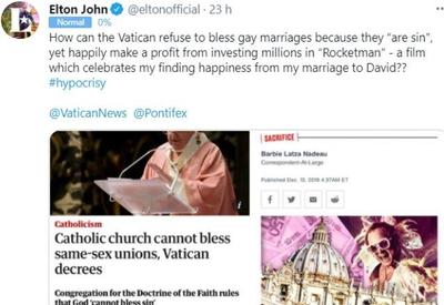 '#hipocrisia': Elton John ironiza Vaticano sobre a união gay