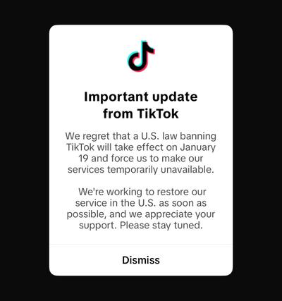 Prestes a sair do ar nos Estados Unidos, Tik Tok exibe mensagem que ficará temporariamente 'indisponível'