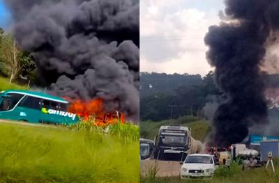 VÍDEO: ônibus desce em chamas e bloqueia pista da Fernão Dias sentido SP