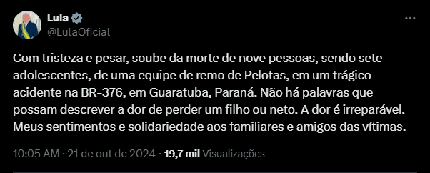 Declaração do presidente Lula sobre o acidente que matou nove pessoas no Paraná | Reprodução redes sociais