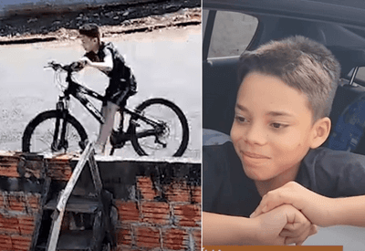Vídeo: Menino de 11 anos perde controle de bicicleta e sobe em telhado