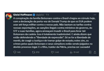 "É inadmissível EUA falarem em usar meios militares contra o Brasil", diz Gleisi 