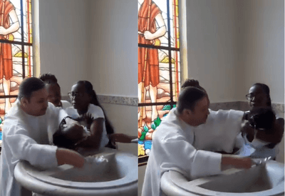 Padre puxa cabeça de bebê durante batismo na Região Serrana do Rio de Janeiro; veja o vídeo