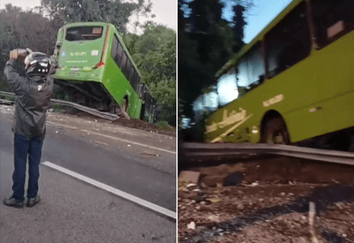 Vídeo: ônibus fica inclinado após batida com caminhão na BR-116