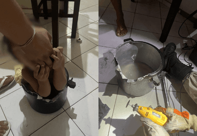 Menino fica entalado em panela de pressão e é resgatado