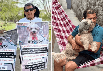 Idoso que usava cartaz pendurado no pescoço para encontrar cão perdido há meses reencontra pet 