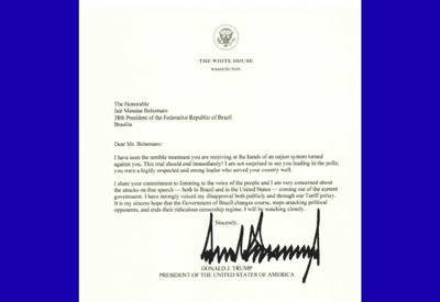 Trump envia carta a Bolsonaro e afirma que acompanhará de perto situação política no Brasil