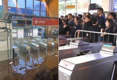 Um dia após chuva, passageiros têm dificuldade de embarcar em estação da CPTM que ficou alagada