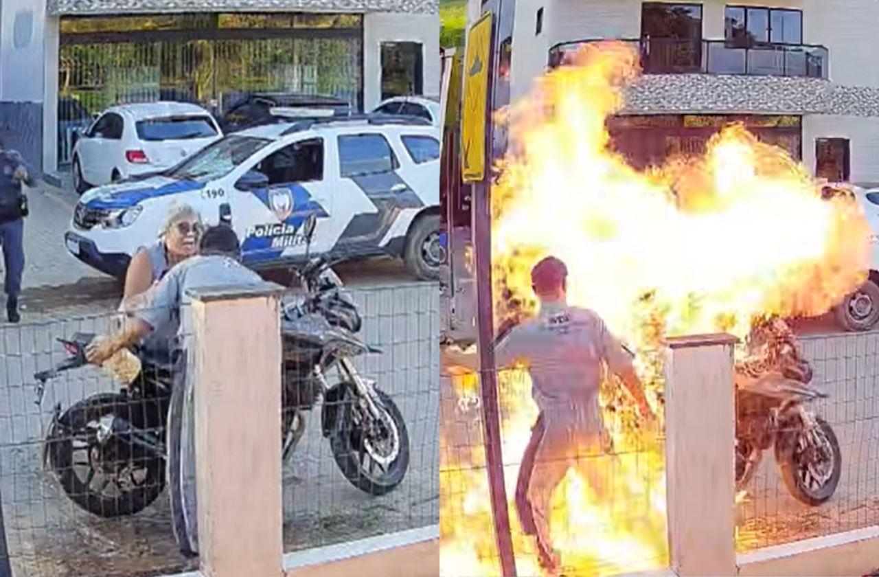 VÍDEO: homem ateia fogo em própria moto e deixa mãe ferida no ES