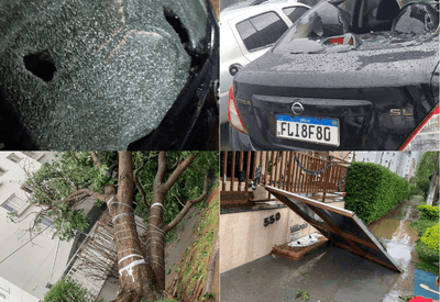 Chuva de granizo danifica veículos estacionados em shopping de Cajamar (SP)