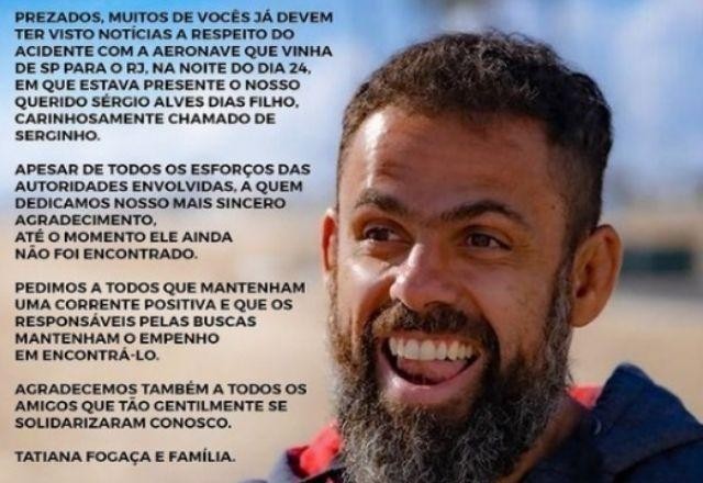 Imagem da noticia Queda de avião: Esposa de empresário pede 'corrente positiva' nas buscas