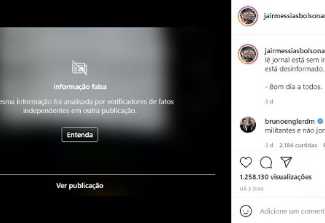 Imagem da noticia Instagram coloca aviso de "informação falsa" em vídeo de Bolsonaro