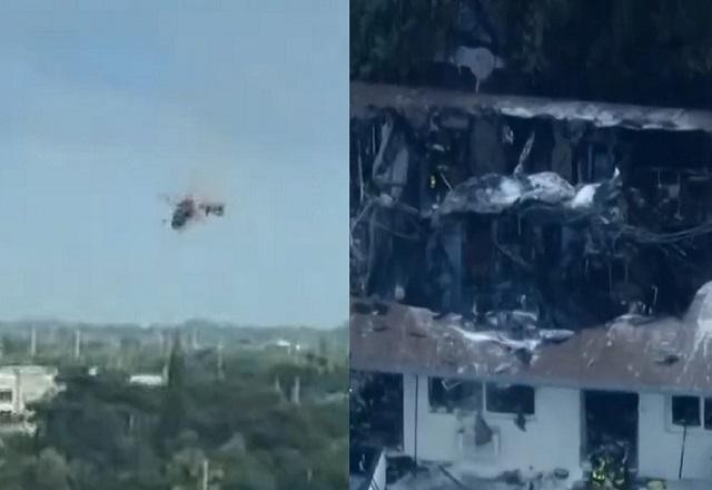 Helicóptero dos bombeiros dos EUA entra em pane e cai sobre prédio