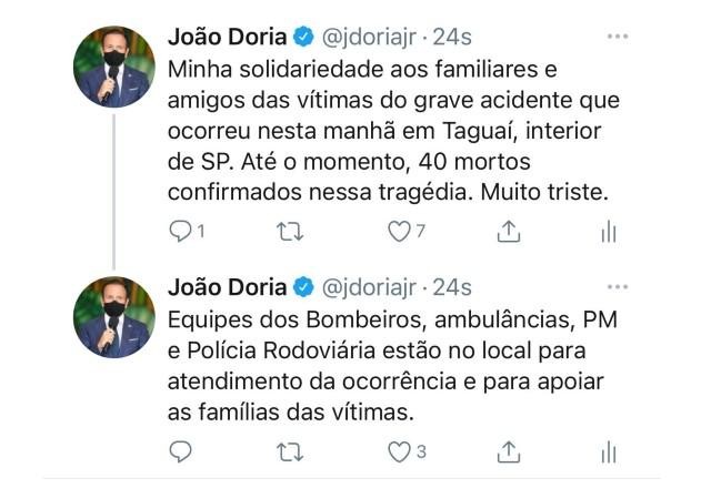 Imagem da noticia Governador de SP lamenta as mortes em acidente em Taguaí
