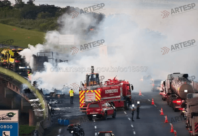 Imagem da noticia Carreta tomba e pega fogo na Rodovia dos Imigrantes, em São Bernardo do Campo (SP)
