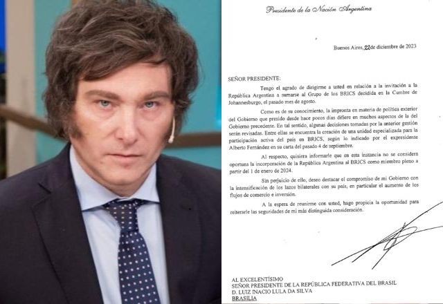 Imagem da noticia Em carta, Milei diz a Lula que não vai entrar no Brics
