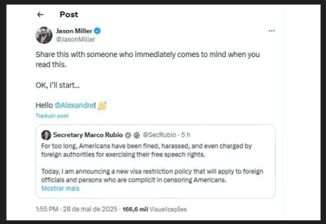 Imagem da noticia Ex-conselheiro de Trump marca Moraes no X ao mencionar restrição de vistos para autoridades estrangeiras