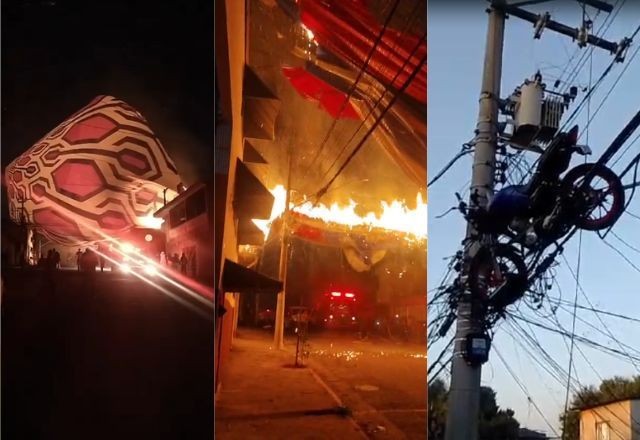 Balão causa incêndio e deixa bairros sem luz na zona leste de SP; moto foi parar em cima de poste