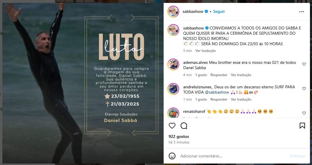 Imagem da noticia Morre surfista e apresentador Daniel Sabbá