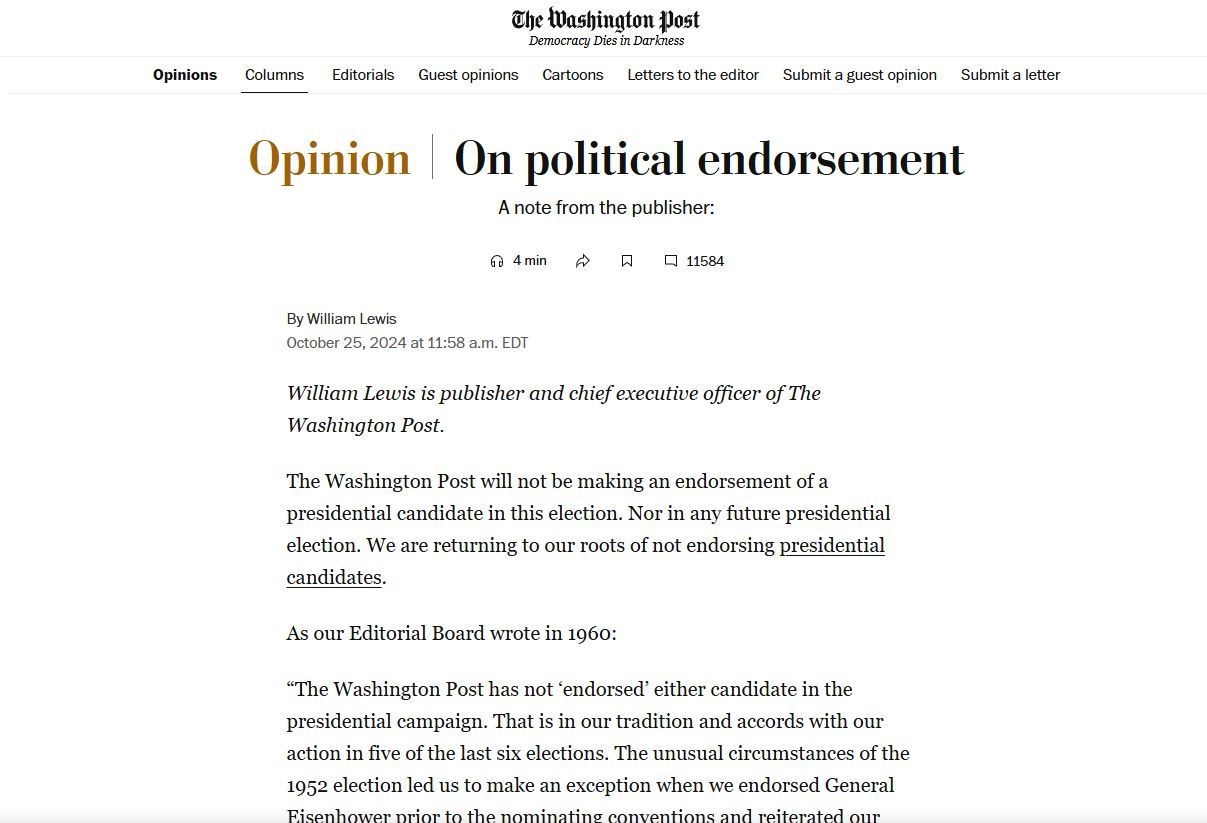 Imagem da noticia Washington Post anuncia que não apoiará candidato na eleição presidencial dos EUA