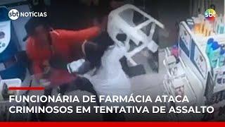 Flagra: funcionária reage a assalto e afugenta criminosos com banco de plástico | #SBTNoticias Flagra: funcionária reage a assalto e afugenta criminosos com banco de plástico | #SBTNoticias