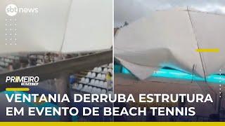 Ventania derruba arquibancada em torneio de beach tennis e deixa feridos em SP | #PrimeiroImpacto Ventania derruba arquibancada em torneio de beach tennis e deixa feridos em SP | #PrimeiroImpacto